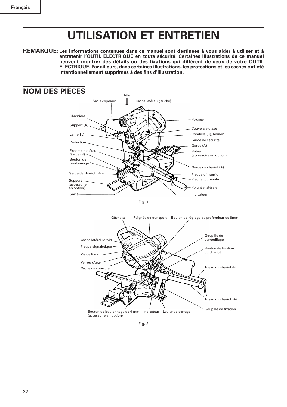 Utilisation et entretien, Nom des pièces, Remarque | Hitachi C 10FS User Manual | Page 32 / 84