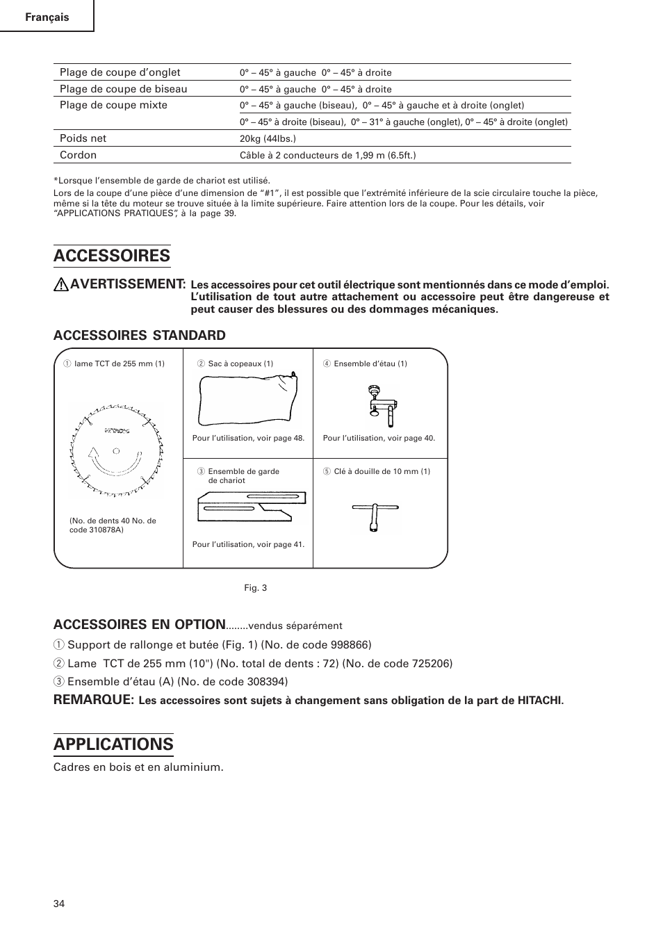 Accessoires, Applications, Avertissement | Accessoires standard, Accessoires en option, Remarque | Hitachi C 10FS User Manual | Page 34 / 84