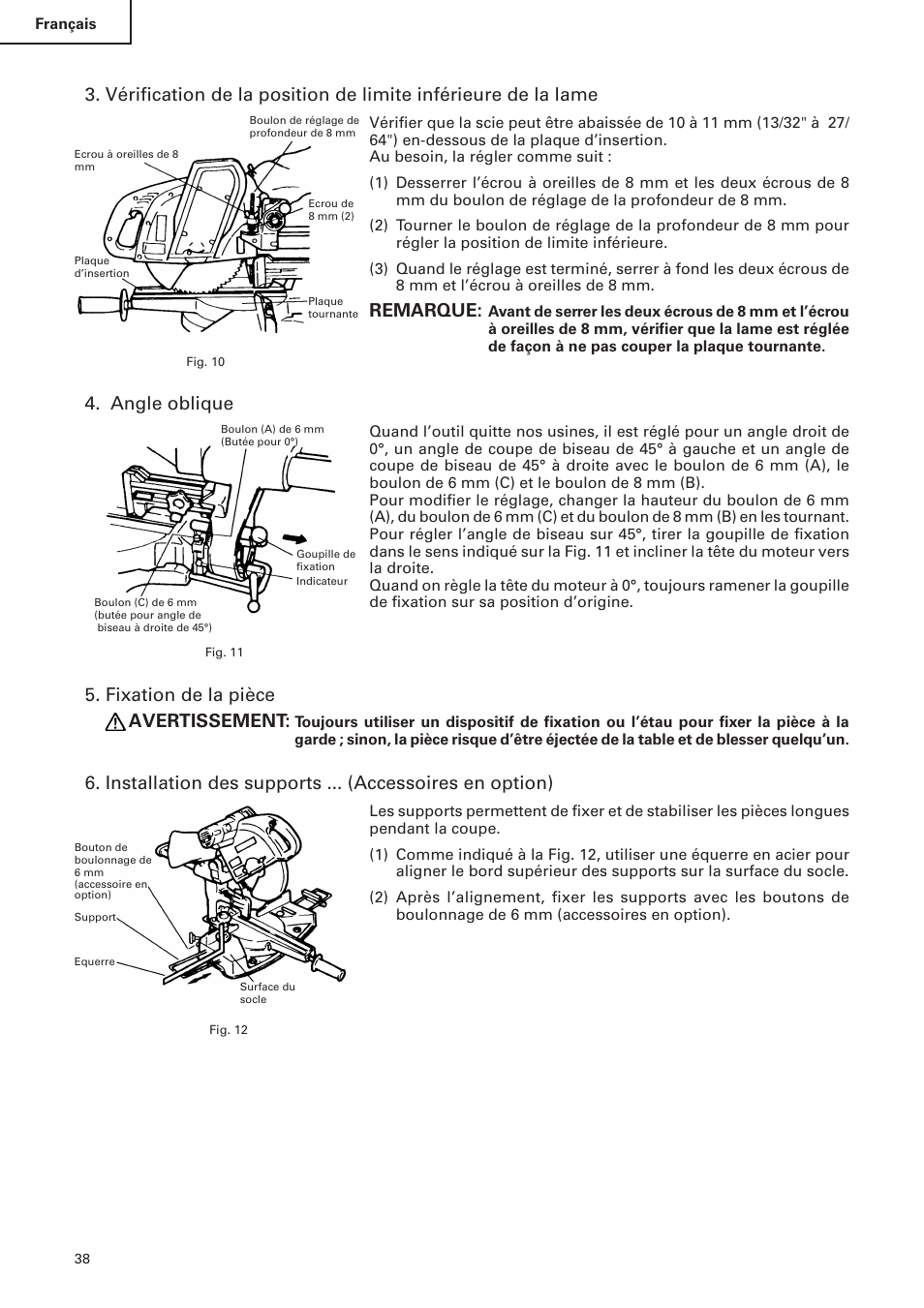 Remarque, Angle oblique, Fixation de la pièce avertissement | Hitachi C 10FS User Manual | Page 38 / 84