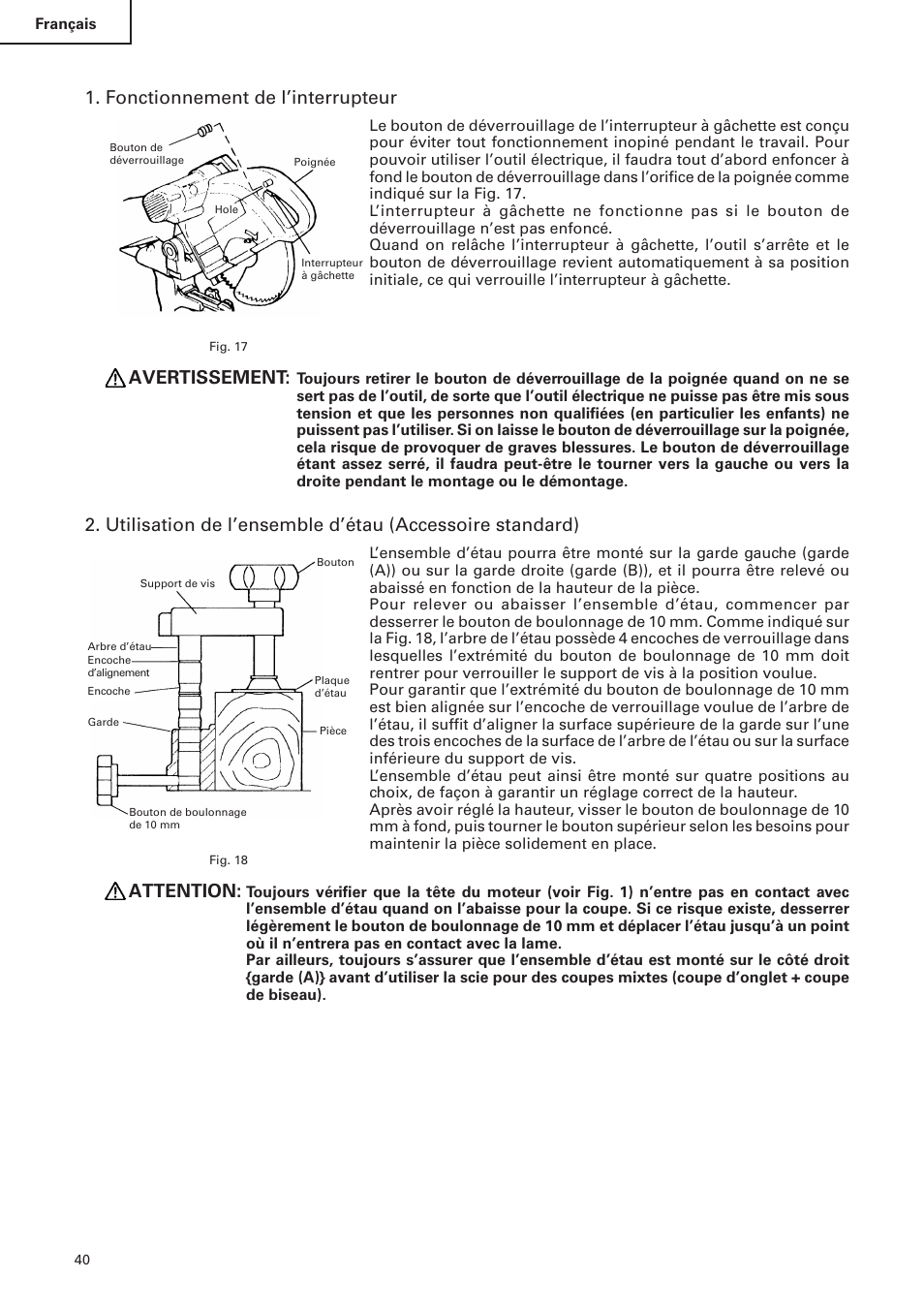 Fonctionnement de l’interrupteur, Avertissement, Attention | Hitachi C 10FS User Manual | Page 40 / 84