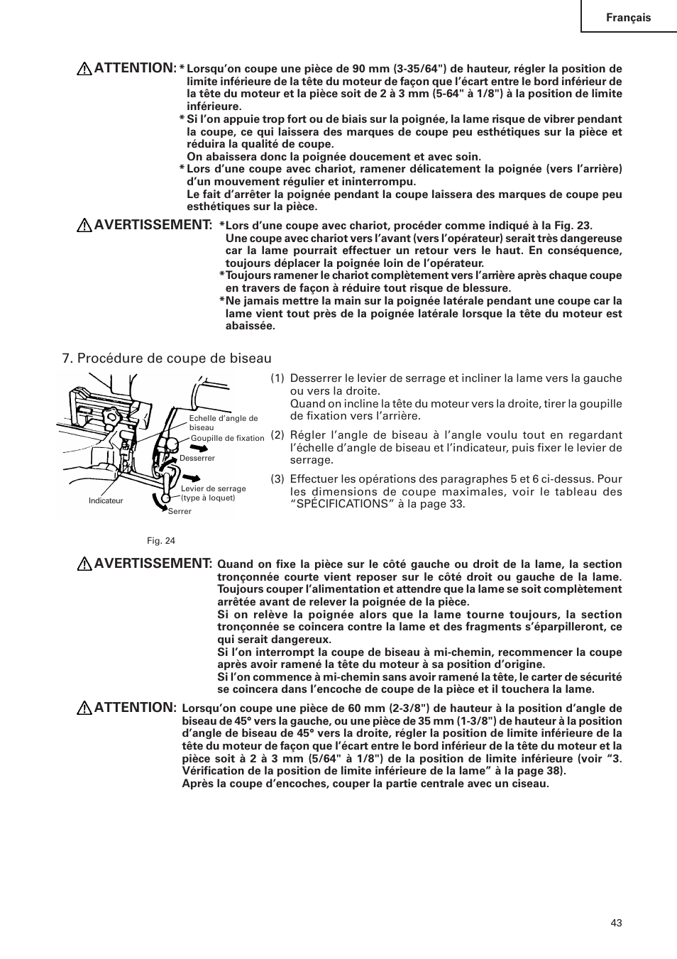 Attention, Avertissement, Procédure de coupe de biseau | Hitachi C 10FS User Manual | Page 43 / 84
