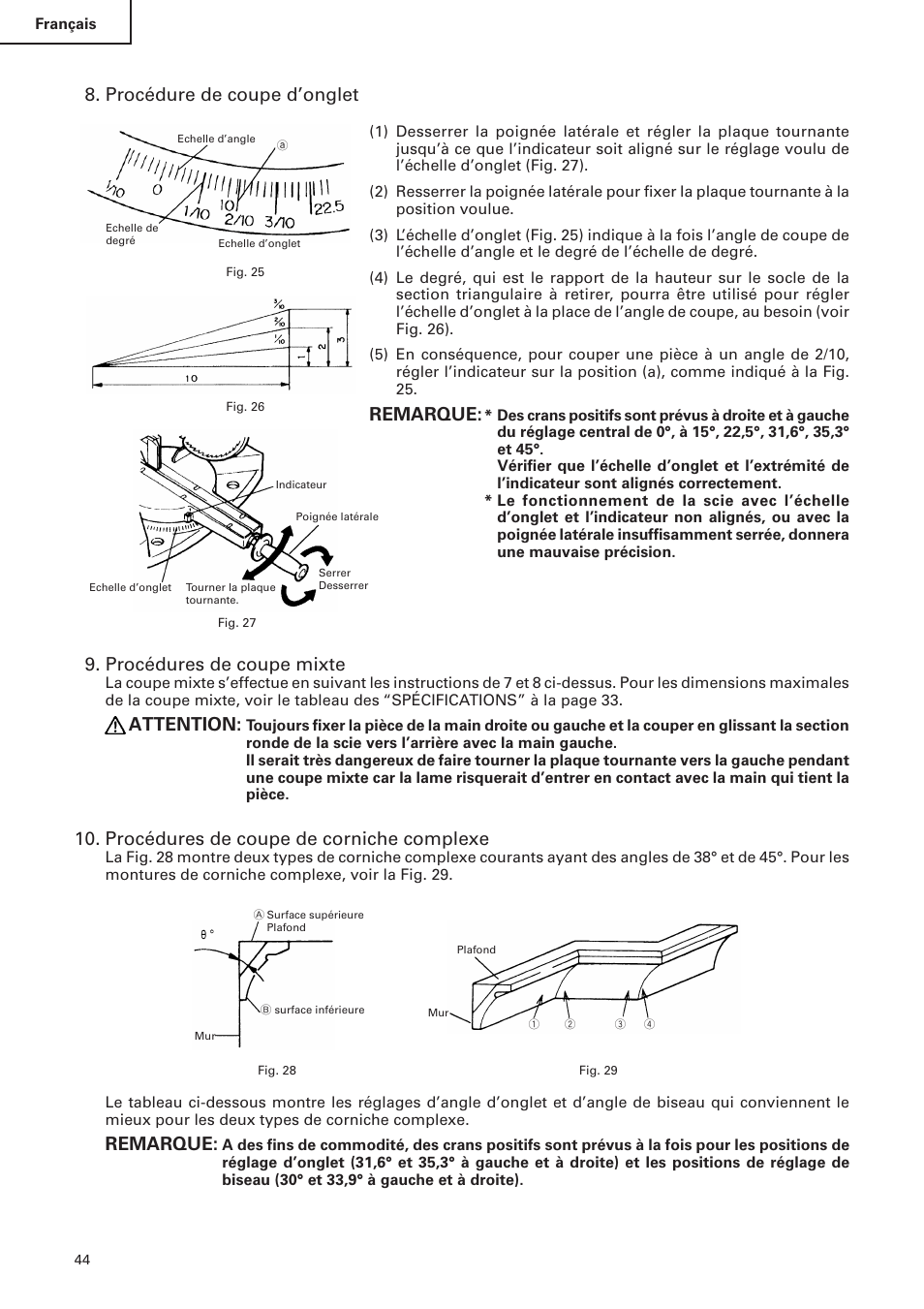 Procédure de coupe d’onglet, Remarque, Procédures de coupe mixte | Attention, Procédures de coupe de corniche complexe | Hitachi C 10FS User Manual | Page 44 / 84