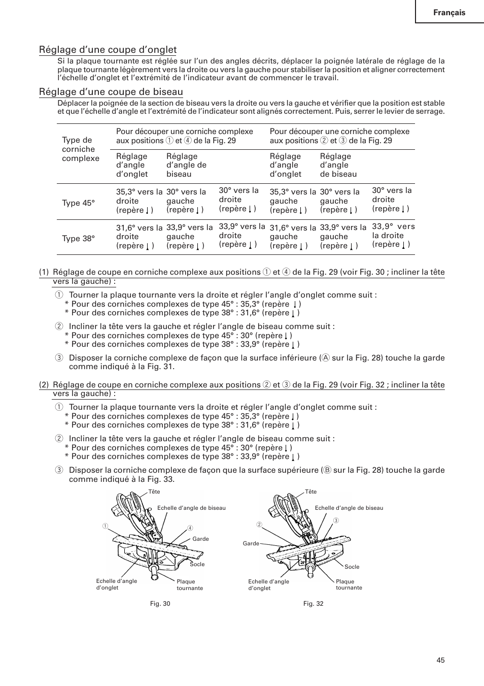 Réglage d’une coupe d’onglet, Réglage d’une coupe de biseau | Hitachi C 10FS User Manual | Page 45 / 84
