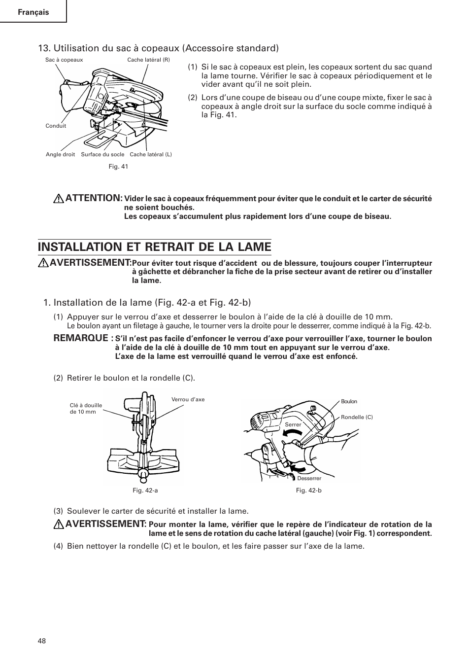Installation et retrait de la lame, Utilisation du sac à copeaux (accessoire standard), Attention | Avertissement, Installation de la lame (fig. 42-a et fig. 42-b), Remarque | Hitachi C 10FS User Manual | Page 48 / 84