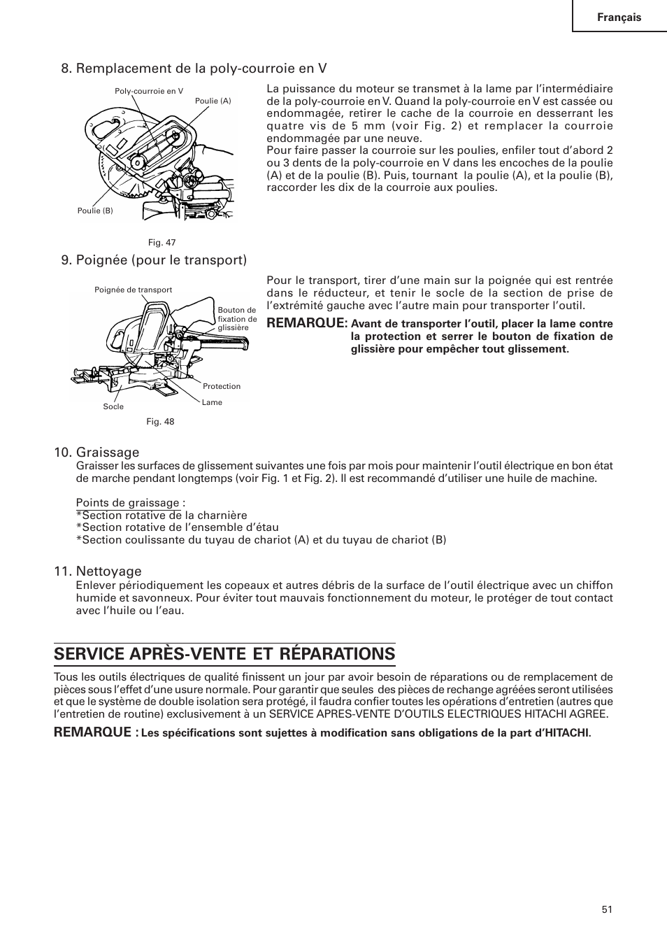 Service après-vente et réparations, Remplacement de la poly-courroie en v, Poignée (pour le transport) | Remarque, Graissage, Nettoyage | Hitachi C 10FS User Manual | Page 51 / 84