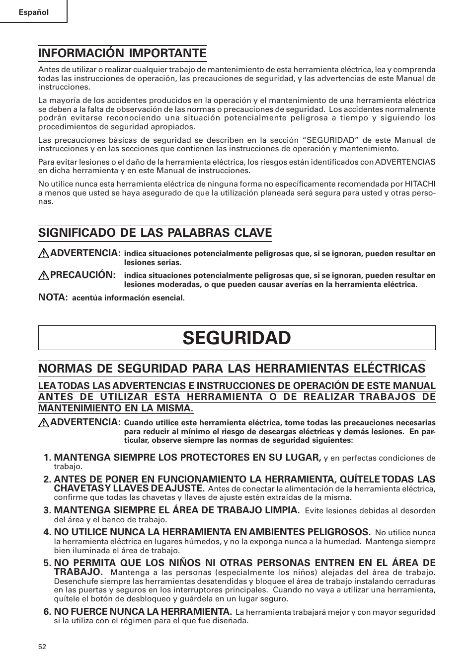 Seguridad, Información importante, Significado de las palabras clave | Hitachi C 10FS User Manual | Page 52 / 84
