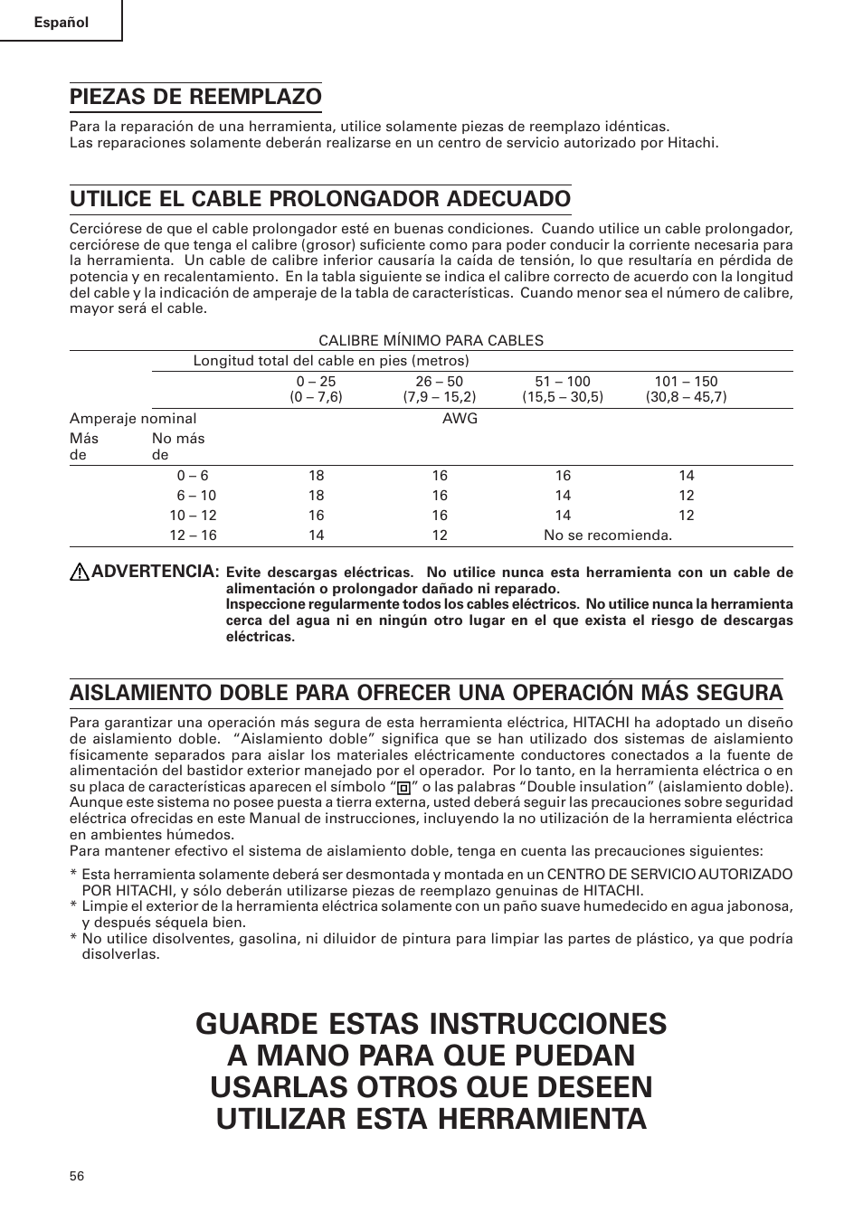 Piezas de reemplazo, Utilice el cable prolongador adecuado | Hitachi C 10FS User Manual | Page 56 / 84