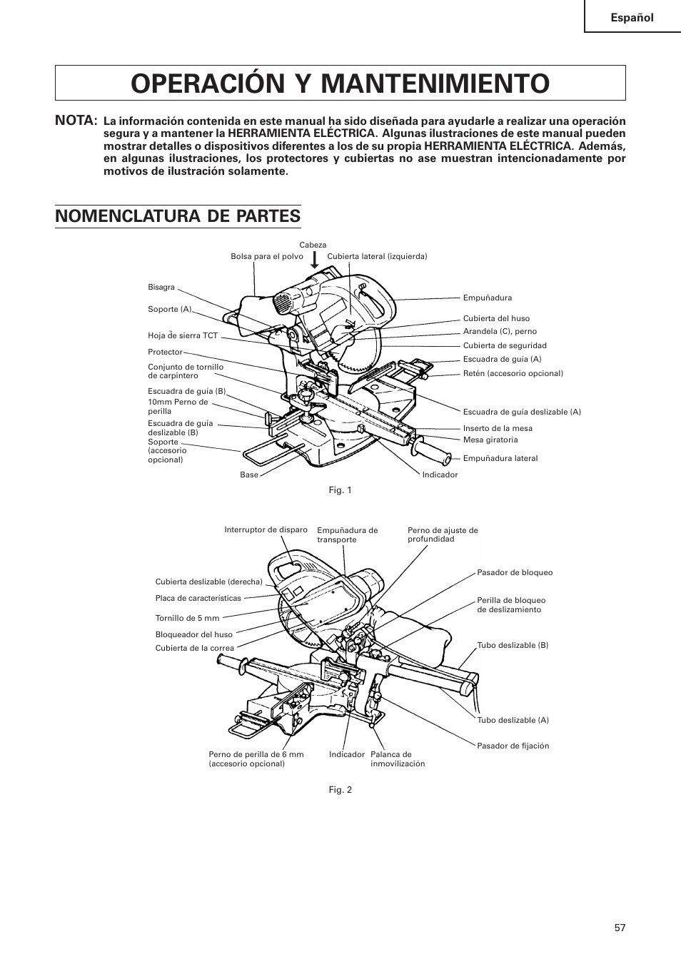 Operación y mantenimiento, Nomenclatura de partes, Nota | Hitachi C 10FS User Manual | Page 57 / 84