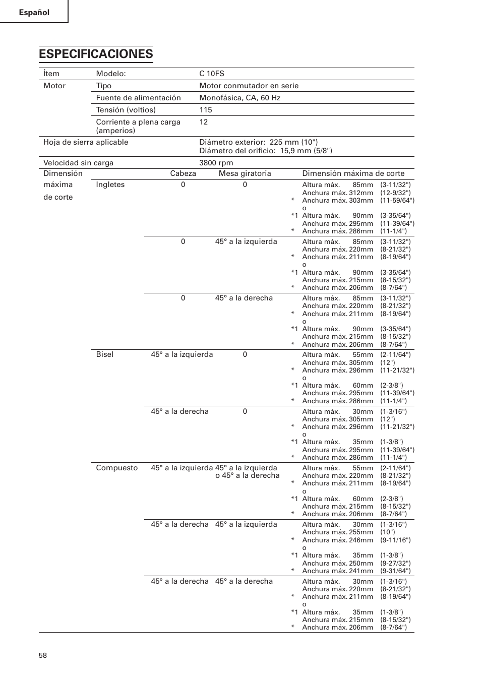 Especificaciones | Hitachi C 10FS User Manual | Page 58 / 84