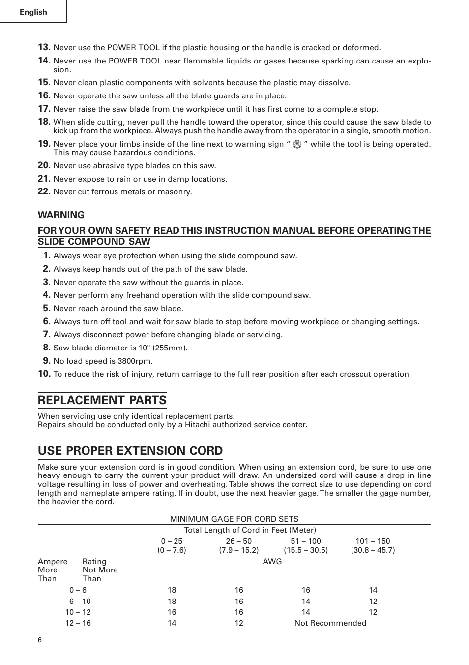 Replacement parts, Use proper extension cord | Hitachi C 10FS User Manual | Page 6 / 84