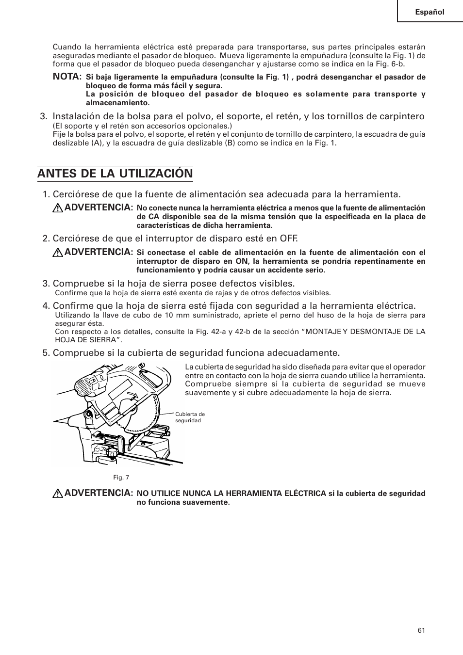 Antes de la utilización | Hitachi C 10FS User Manual | Page 61 / 84