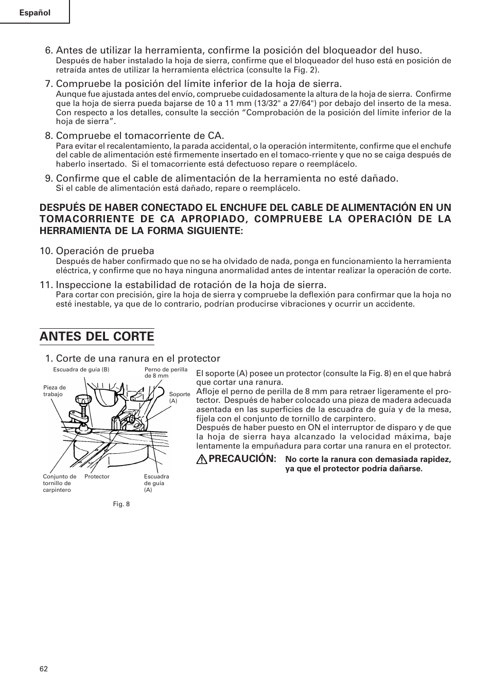 Antes del corte | Hitachi C 10FS User Manual | Page 62 / 84