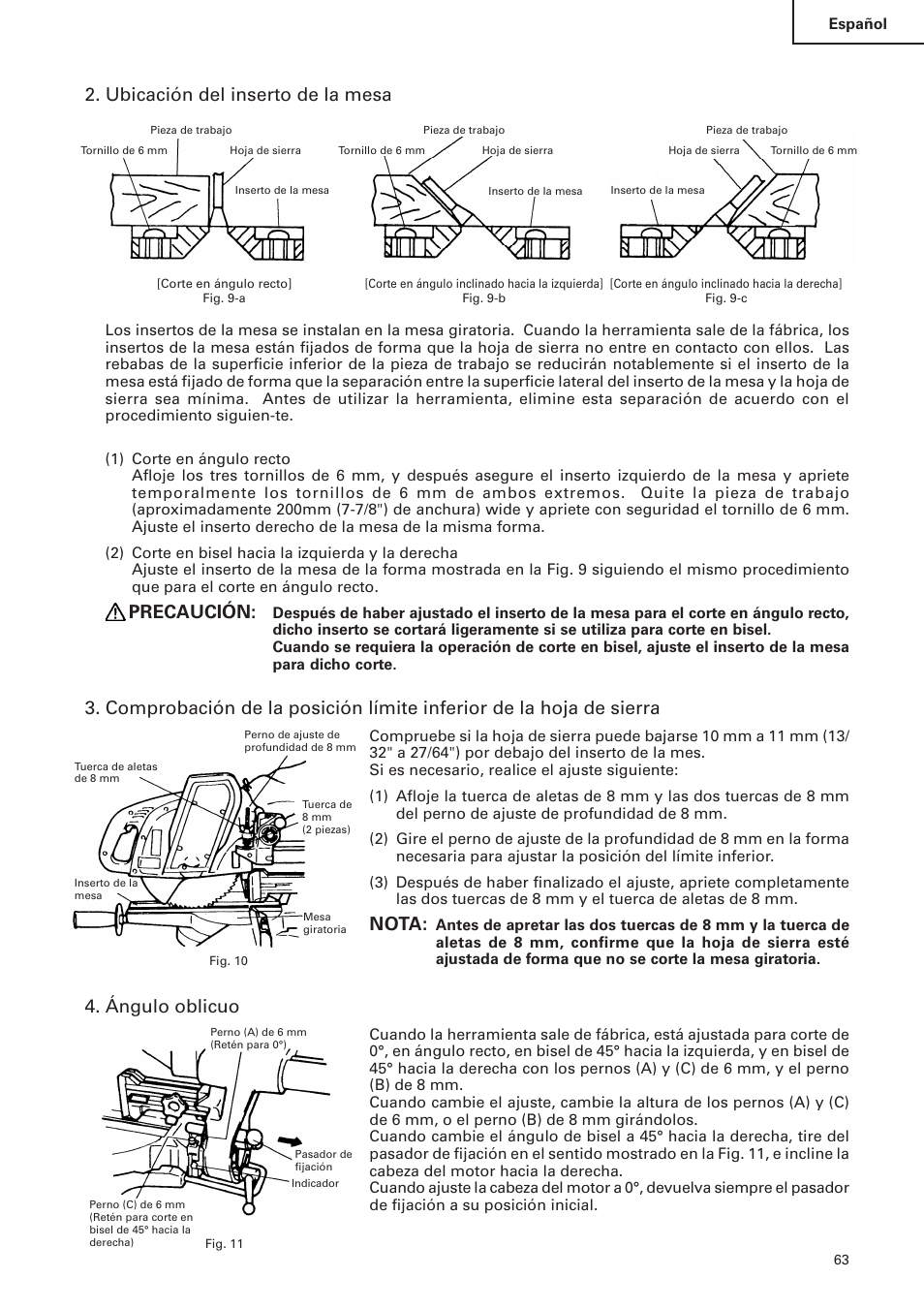 Ubicación del inserto de la mesa, Precaución, Nota | Ángulo oblicuo | Hitachi C 10FS User Manual | Page 63 / 84