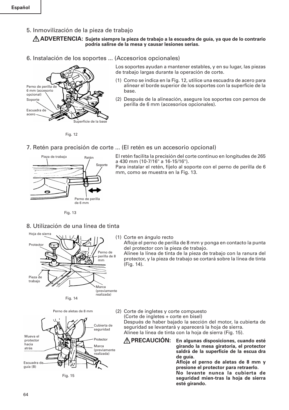 Inmovilización de la pieza de trabajo advertencia, Utilización de una línea de tinta, Precaución | Hitachi C 10FS User Manual | Page 64 / 84