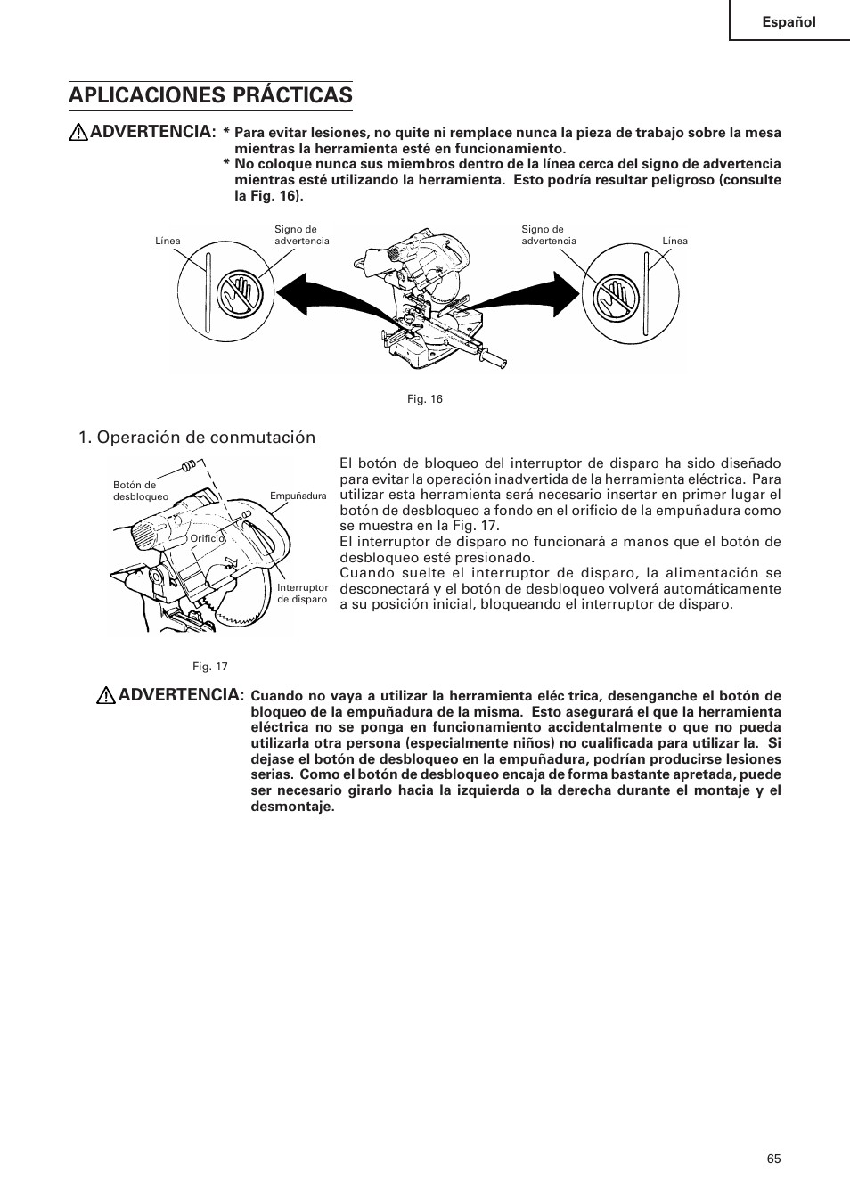 Aplicaciones prácticas, Advertencia, Operación de conmutación | Hitachi C 10FS User Manual | Page 65 / 84