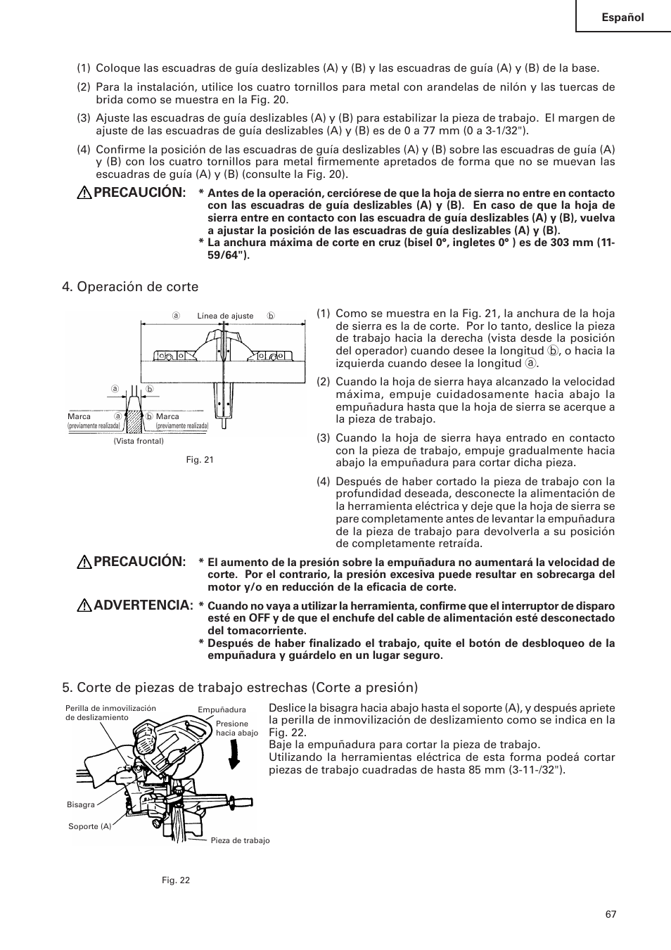 Precaución, Operación de corte, Advertencia | Hitachi C 10FS User Manual | Page 67 / 84