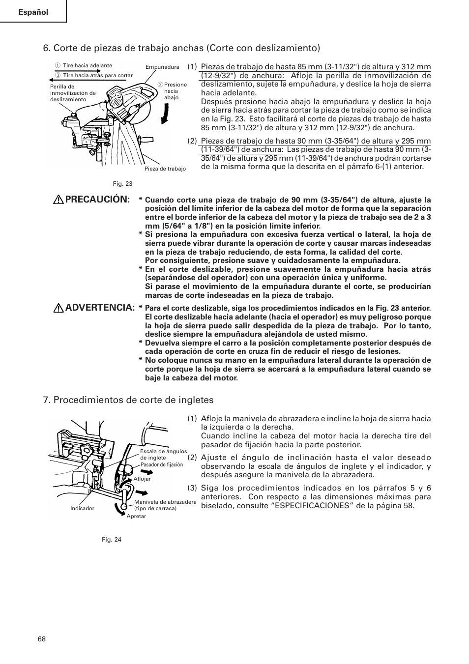 Precaución, Advertencia, Procedimientos de corte de ingletes | Hitachi C 10FS User Manual | Page 68 / 84
