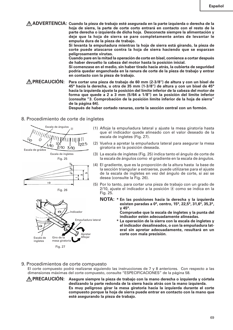 Advertencia, Precaución, Procedimiento de corte de ingletes | Nota, Procedimientos de corte compuesto | Hitachi C 10FS User Manual | Page 69 / 84