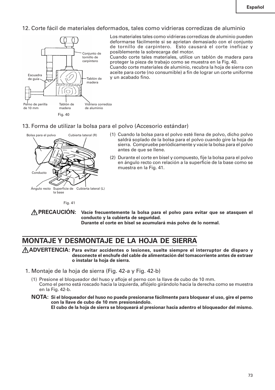 Montaje y desmontaje de la hoja de sierra, Precaución, Advertencia | Nota | Hitachi C 10FS User Manual | Page 73 / 84