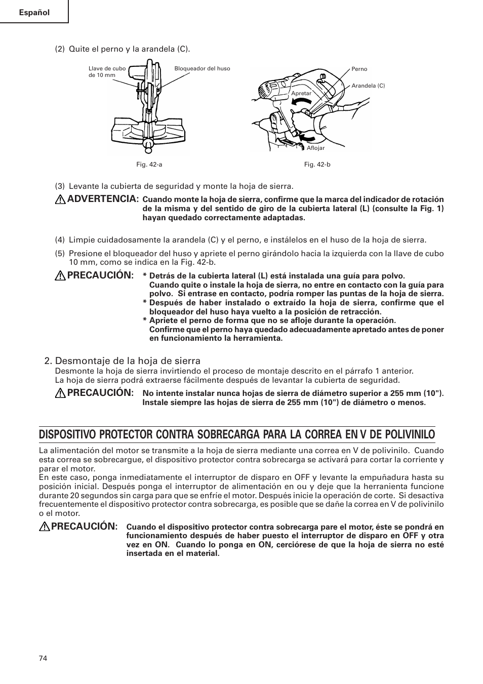 Advertencia, Precaución, Desmontaje de la hoja de sierra | Hitachi C 10FS User Manual | Page 74 / 84