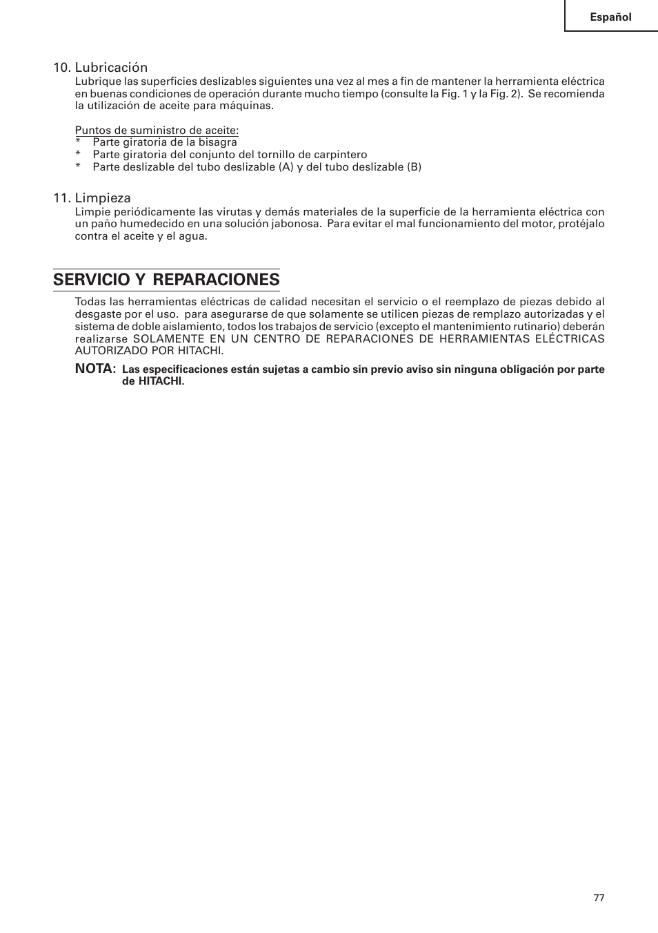 Servicio y reparaciones | Hitachi C 10FS User Manual | Page 77 / 84
