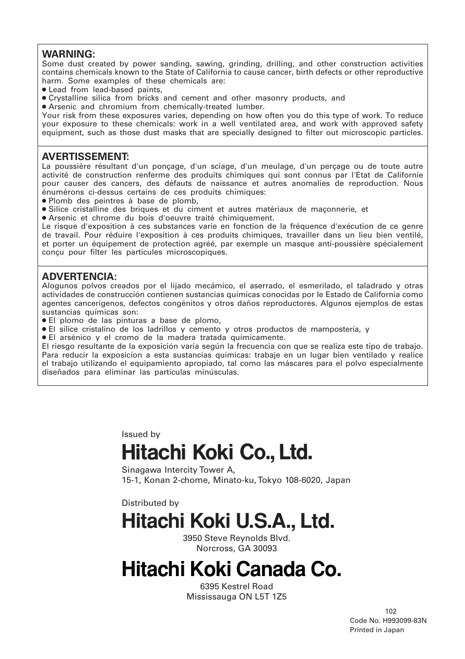 Hitachi koki canada co, Hitachi koki u.s.a., ltd | Hitachi C 10FS User Manual | Page 84 / 84
