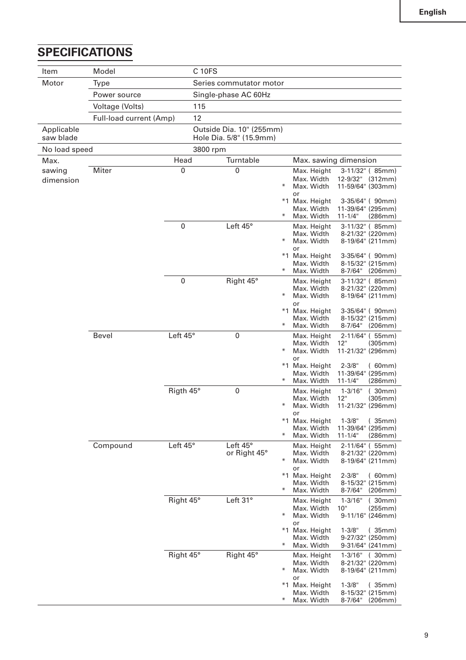 Specifications | Hitachi C 10FS User Manual | Page 9 / 84