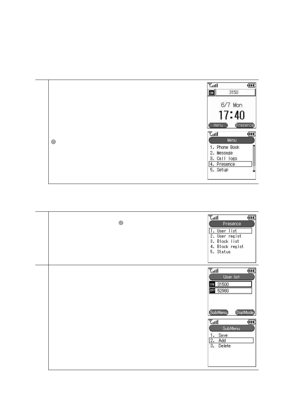 Presence, 1 user list | Hitachi TD61-2472 User Manual | Page 39 / 72