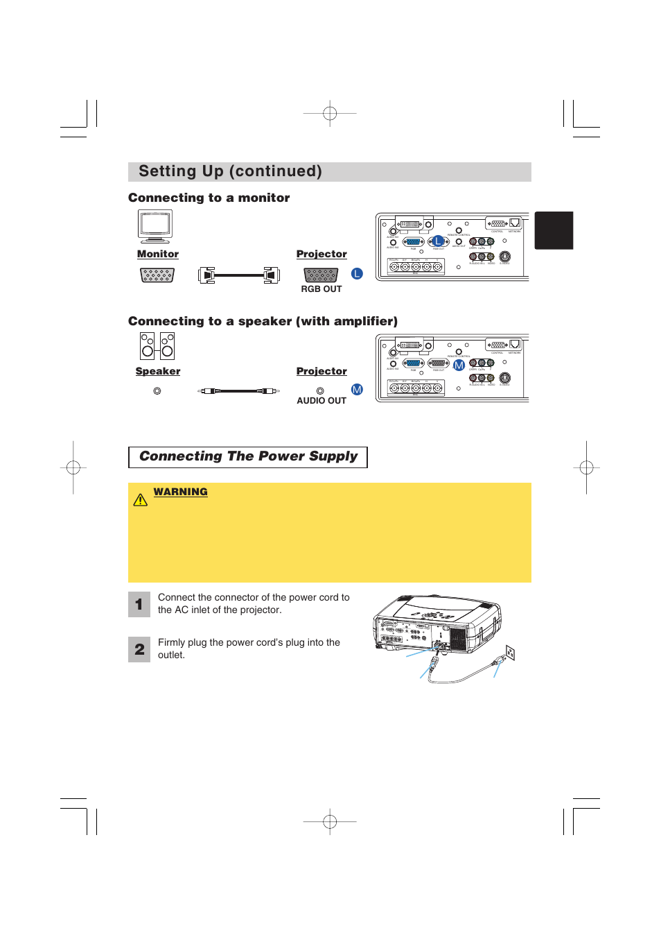 Setting up (continued), Connecting the power supply, Connecting to a monitor | Connecting to a speaker (with amplifier), Monitor projector, Speaker projector, Firmly plug the power cord’s plug into the outlet | Hitachi CP-X1250 User Manual | Page 11 / 47