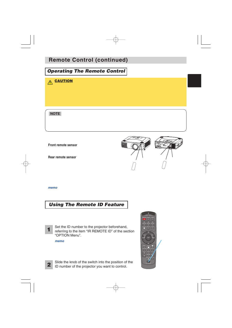 Remote control (continued), Operating the remote control, Using the remote id feature | Hitachi CP-X1250 User Manual | Page 13 / 47