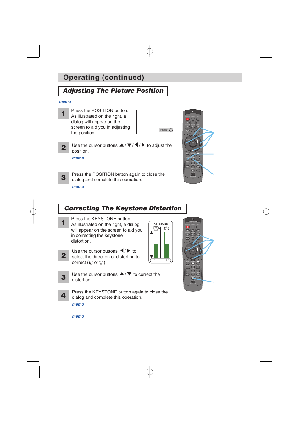 Operating (continued), Adjusting the picture position, Correcting the keystone distortion | Use the cursor buttons / to correct the distortion, This function is available only for rgb signals, Cursor buttons | Hitachi CP-X1250 User Manual | Page 18 / 47