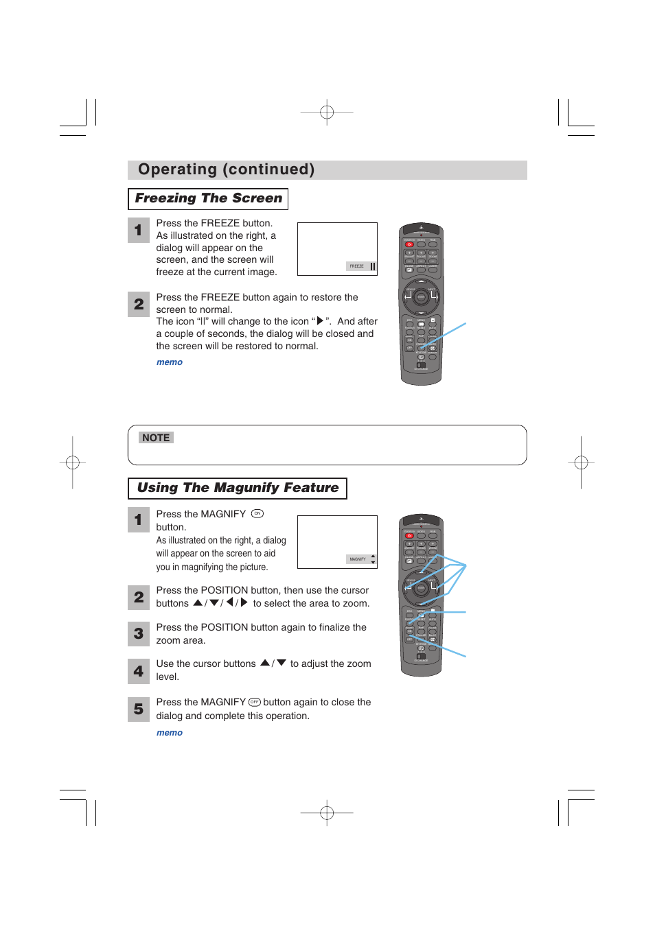 Operating (continued), Freezing the screen, Using the magunify feature | Hitachi CP-X1250 User Manual | Page 20 / 47