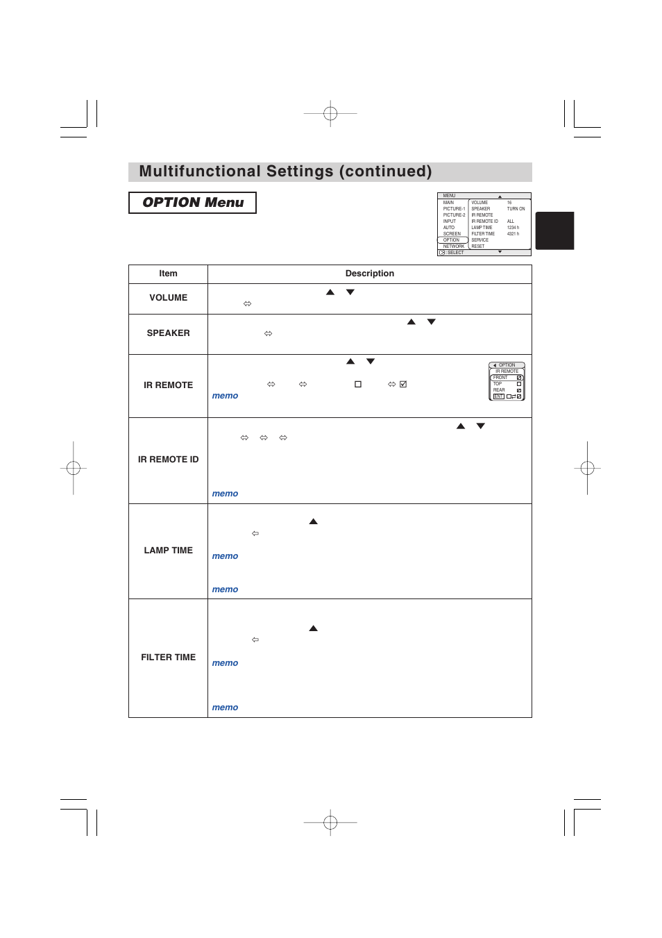 Multifunctional settings (continued), Option menu | Hitachi CP-X1250 User Manual | Page 33 / 47