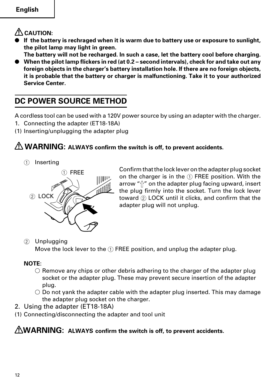 Dc power source method, Warning | Hitachi ET 18DM User Manual | Page 12 / 44