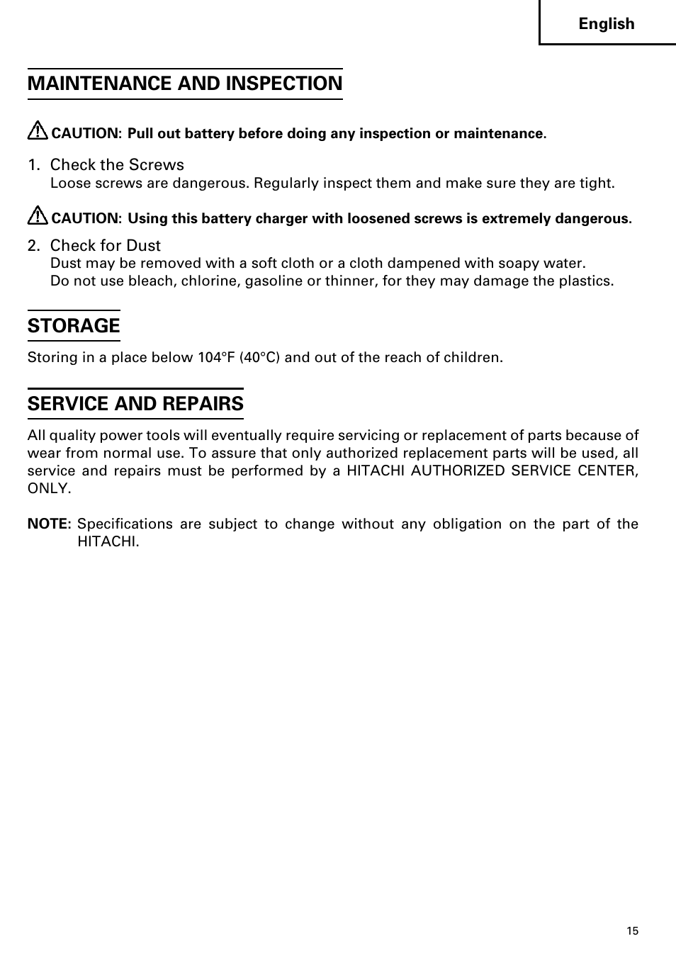 Maintenance and inspection, Storage, Service and repairs | Hitachi ET 18DM User Manual | Page 15 / 44