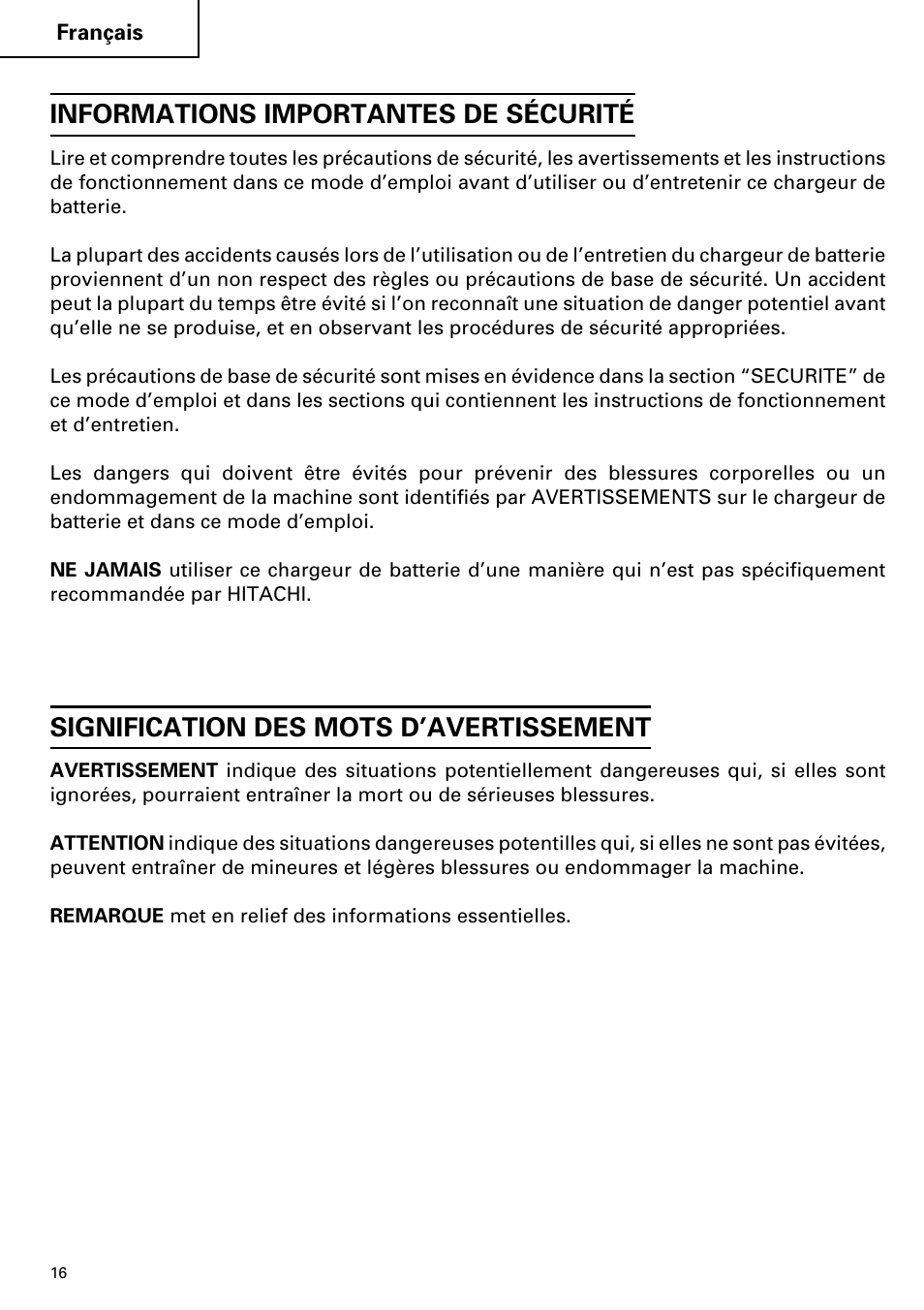 Informations importantes de sécurité, Signification des mots d’avertissement | Hitachi ET 18DM User Manual | Page 16 / 44
