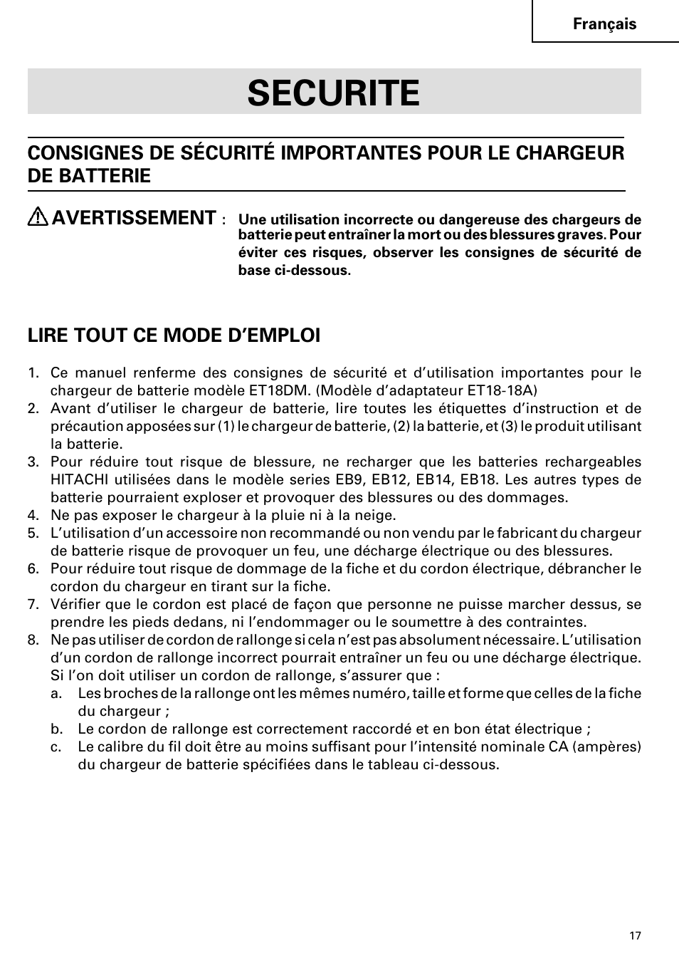 Securite, Lire tout ce mode d’emploi | Hitachi ET 18DM User Manual | Page 17 / 44
