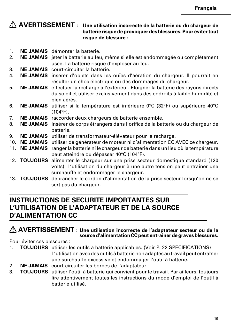 Avertissement | Hitachi ET 18DM User Manual | Page 19 / 44