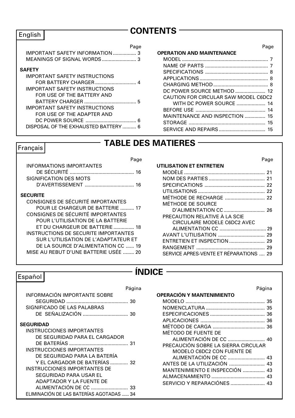 Contents table des matieres índice, English, Français | Español | Hitachi ET 18DM User Manual | Page 2 / 44