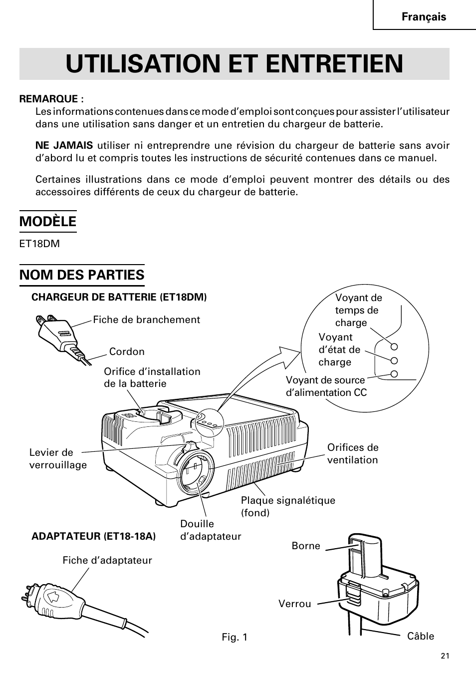 Utilisation et entretien, Modèle, Nom des parties | Hitachi ET 18DM User Manual | Page 21 / 44