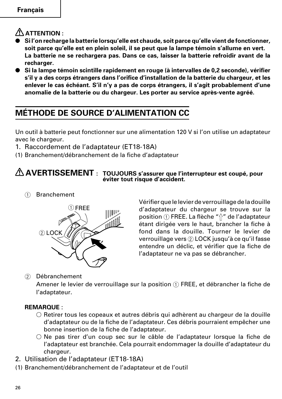 Méthode de source d’alimentation cc, Avertissement | Hitachi ET 18DM User Manual | Page 26 / 44