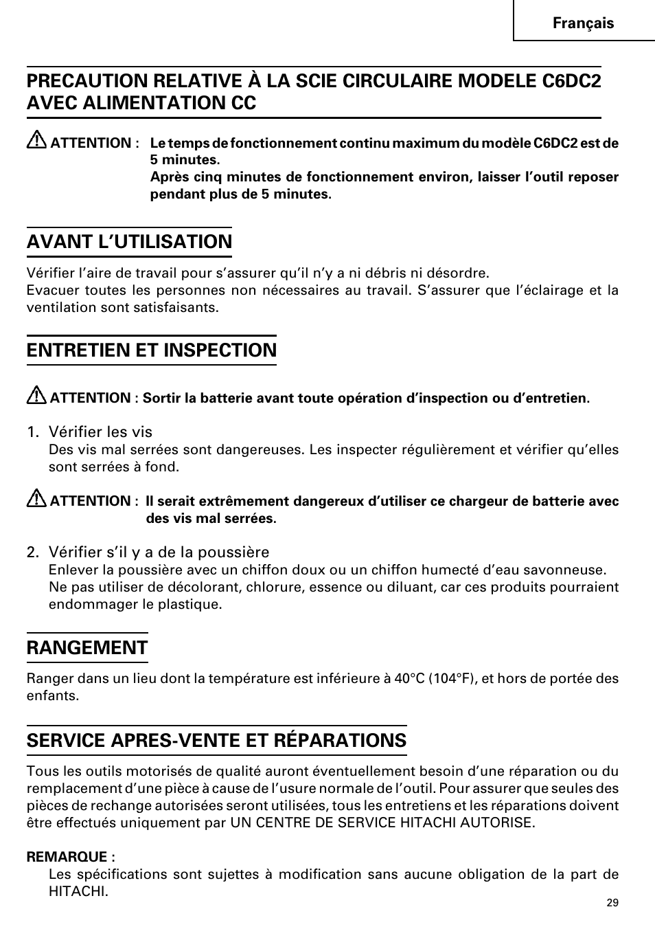 Avant l’utilisation, Entretien et inspection, Rangement | Service apres-vente et réparations | Hitachi ET 18DM User Manual | Page 29 / 44