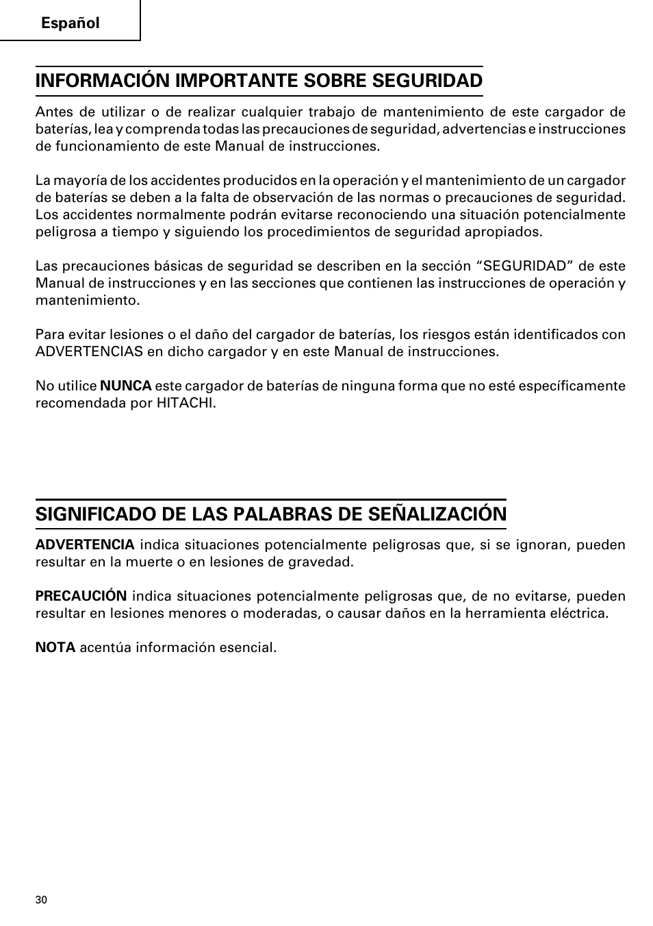 Información importante sobre seguridad, Significado de las palabras de señalización | Hitachi ET 18DM User Manual | Page 30 / 44