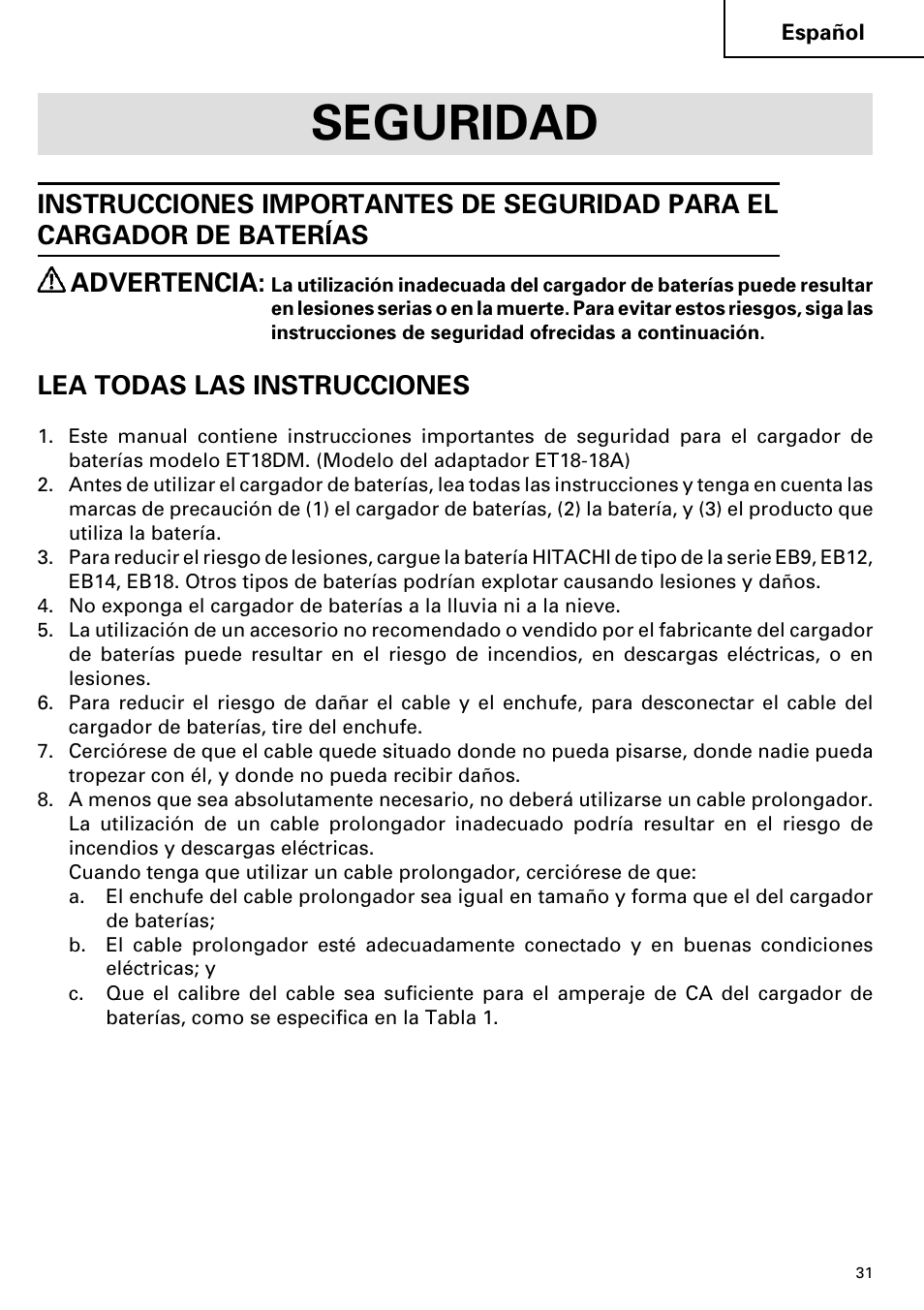 Seguridad, Lea todas las instrucciones | Hitachi ET 18DM User Manual | Page 31 / 44