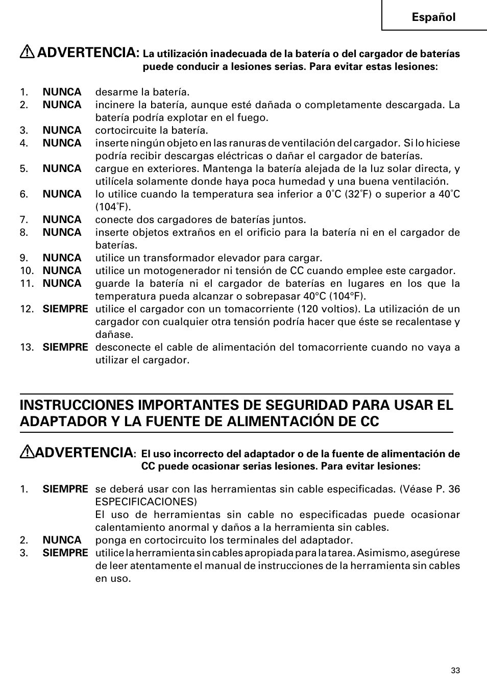 Advertencia | Hitachi ET 18DM User Manual | Page 33 / 44