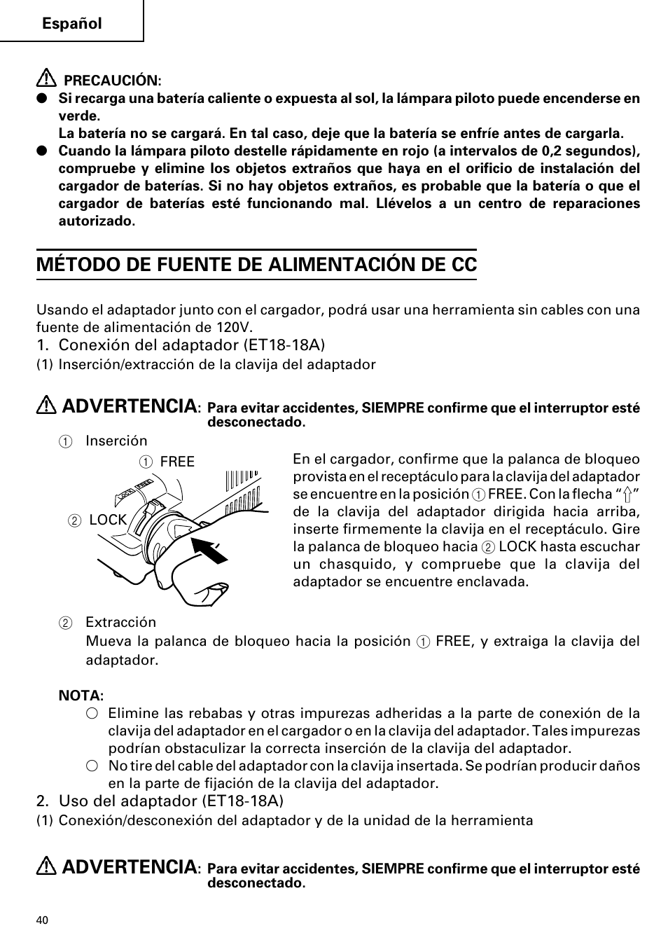 Método de fuente de alimentación de cc, Advertencia | Hitachi ET 18DM User Manual | Page 40 / 44