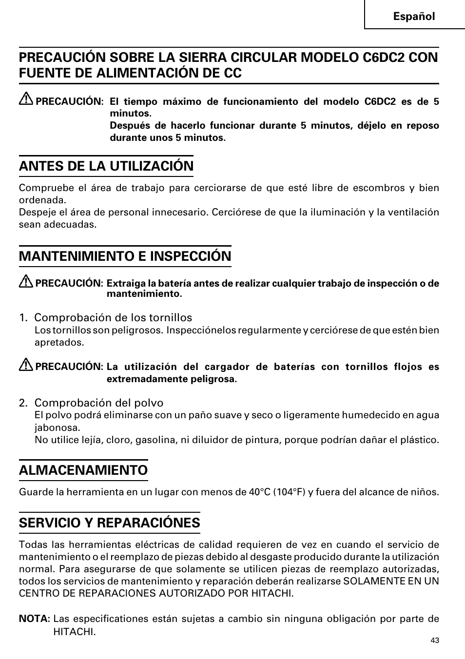 Antes de la utilización, Mantenimiento e inspección, Almacenamiento | Servicio y reparaciónes | Hitachi ET 18DM User Manual | Page 43 / 44