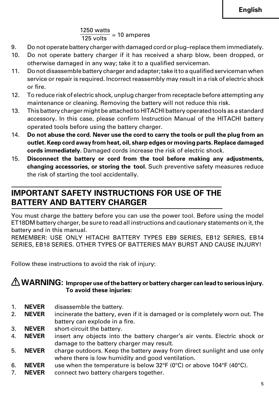 Warning | Hitachi ET 18DM User Manual | Page 5 / 44