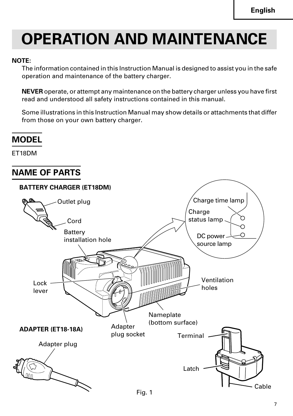 Operation and maintenance, Model, Name of parts | Hitachi ET 18DM User Manual | Page 7 / 44