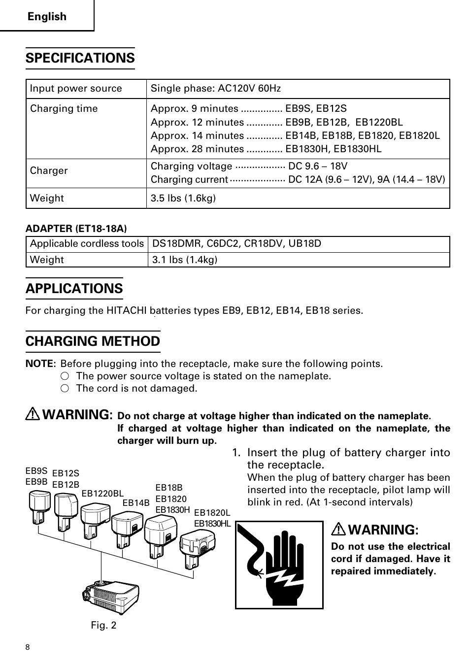 Applications, Charging method, Warning | Specifications | Hitachi ET 18DM User Manual | Page 8 / 44